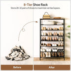 MAHANCRIS 8 Tier Shoe Rack Organizer for Closet, Holds 28-32 Pairs, Tall Metal Shoe Storage Shelf for Entryway Bedroom, Sturdy Freestanding Shoe Rack Space Saving, Large Capacity, Rustic Brown