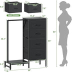 HIGDBFE Dresser with Hanging Rack, 4 Drawers Small Closet for Bedroom, Reversible Fabric Kids Chest of Drawers with Clothes Rack, Tall Storage Tower, Sturdy Frame, Black, 44''H
