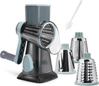 Cheese Grater Hand Crank, Manual Cheese Shredder with 3 Interchangeable Blades, Rotary Cheese Grater with Strong Suction Base, Easy to Use and Clean, GreyBlue