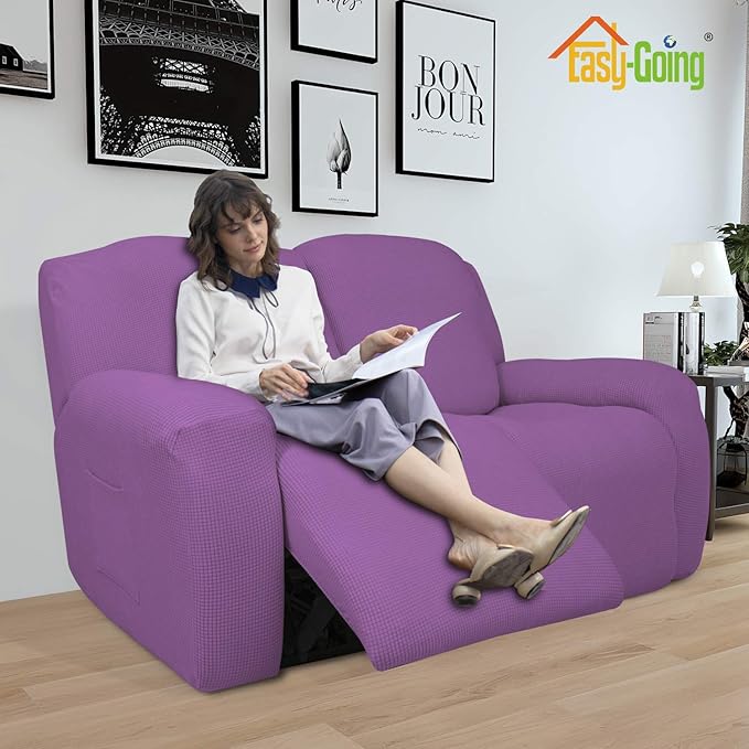 Easy-Going 6 Pieces Recliner Loveseat Stretch Sofa Slipcover Sofa Cover Furniture Protector Couch Soft with Elastic Bottom Kids, Spandex Jacquard Fabric Small Checks Purple