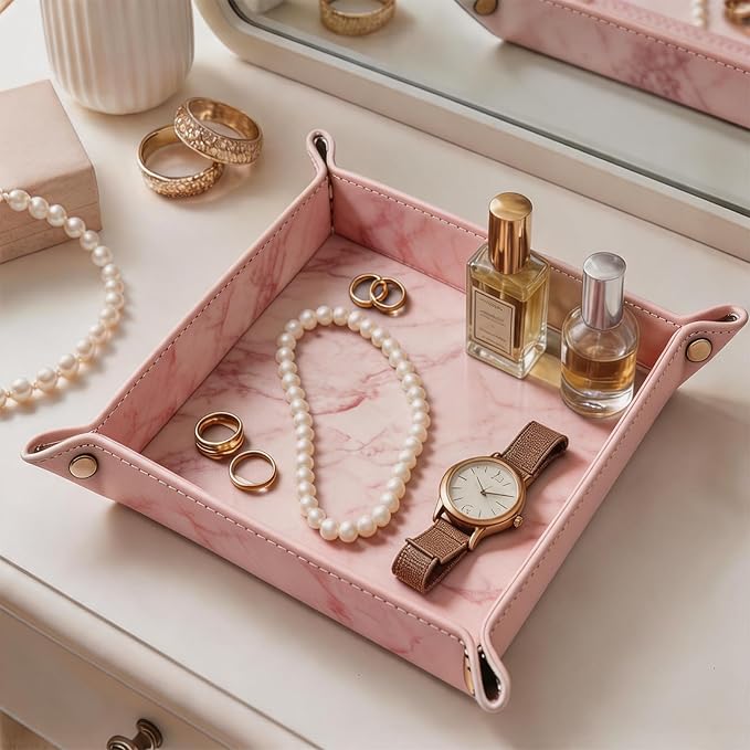 Valet Tray Desktop Storage Organizer – Vegan Leather Catchall Bedside Vanity Tray Nightstand Caddy Holder for Remote Controller, Watch, Keys, Phone, Wallet, Coin, Jewelry, Marble Pink