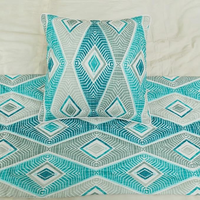 The HomeCentric King/Queen/Twin Blue, Ivory & Grey Decorative Twin 53"x18" Bed Runner with 2 Pillow Cover, Quilted & Printed Bed Scarf on Cotton Fabric - Tallulah