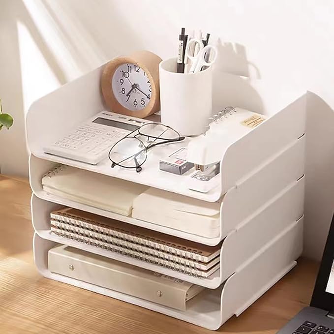 4 Tier Desk Organizer, Stackable Paper Tray Organizer for Document, Letter, A4 File Paper, Desk Accessories, Notes, Pens (White, 4 Pack)