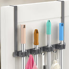 Broom Holder Over The Door-304 Stainless Steel Mop and Broom Holder Wall Mounted or Hanging Over The Door with Hooks - Broom Hanger, Tool Organizer for Garage Closet Laundry Kitchen-Space grey