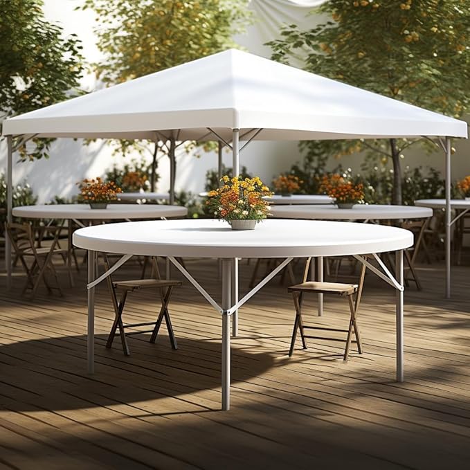 PRO&Family Commercial Round Folding Table, White Top, Powder-Coated Steel Frame, High-Impact Polyethylene Construction, Perfect for Wedding, Party, Shool, Church. (1, 72" Bi-Fold)