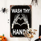 Wash Thy Hands Skeleton Metal Tin Sign Halloween Decor Vintage Wall Art Rustic Bathroom Kitchen Entryway Home Decorative Signs Metal Poster 8x12 Inch
