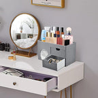 Square Tissue Box Cover with Drawers,Tissue Box Holder with Storage Tray, Makeup Organizer and Desk Organizer,Tissue Holders Decorative for Bathroom Vanity NightStand Dressing Table (Grey)