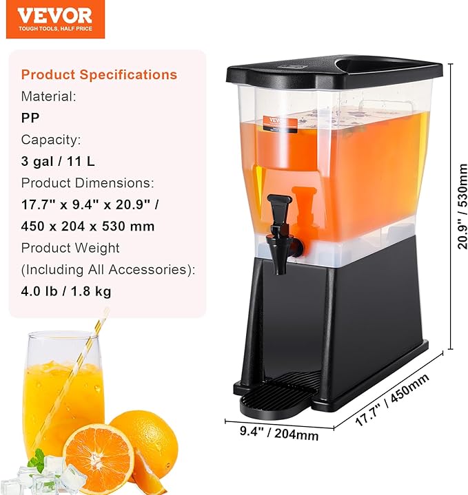 VEVOR Beverage Dispenser, 3 Gallon Drink Dispenser for Parties, Plastic Juice Dispenser with Stand Spigot Lid, Iced Tea Lemonade Juice Water Dispenser, for Restaurants, Hotels, Parties