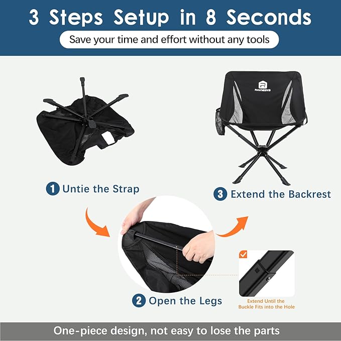 Raynesys 1 Pack Portable Camping Chair, Flexible 360° Rotation, Easy Carry, 8 Seconds Quick Setup Folding Camping Chair, 3.8Lb Lightweight Folding Chairs for Hiking, Beach, Sporting, Travel