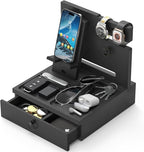 Wood Phone Docking Station, Nightstand Organizer with Drawer, Bedside Table Organizer for Watch & Accessories, Christmas Anniversary Birthday Gifts for Men,Dad,Husband