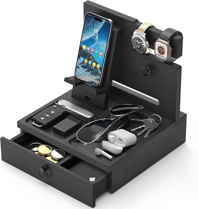 Wood Phone Docking Station, Nightstand Organizer with Drawer, Bedside Table Organizer for Watch & Accessories, Christmas Anniversary Birthday Gifts for Men,Dad,Husband