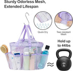 F-color Mesh Shower Caddy Portable with Drawstring - Large 8 Pockets Dorm Room Essentials for Guys Girls with S Hook, Shower Bag Basket Tote for College Camping Gym Travel Toiletry Bathroom, Purple
