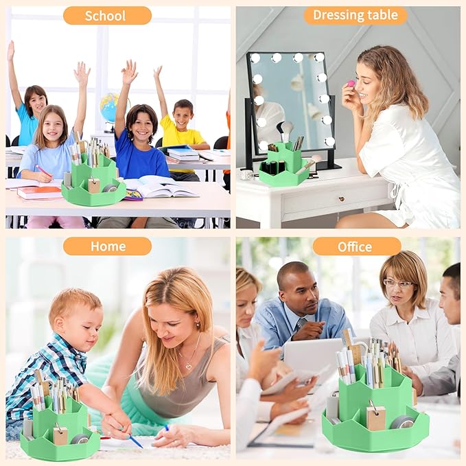 Pencil Pen Holder for Desk,9 Slots 360 Degree Rotating Desk Organizers,Desktop Storage Stationery Supplies Organizer, Cute Pencil Cup Pot For Office, School, Home(Green)