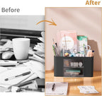 Marbrasse Pen Organizer with 2 Drawer, Multi-Functional Pencil Holder for Desk, Desk Organizers and Accessories with 5 Compartments + Drawer for Office Art Supplies (Black)