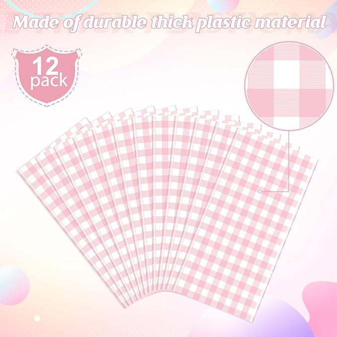 12 Pack Pink Gingham Tablecloth Round, Premium Decorative Disposable Pink and White Checkered Plaid Table Cloths for Parties, Round Party Table Cover for Picnic Farm Birthday Wedding Festivals, 84Inch