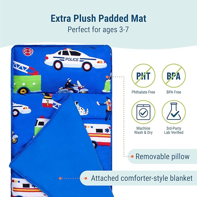 Wildkin Kids Microfiber Nap Mat – Soft Sleep Mat with Pillow, Ideal for School & Travel - Heroes