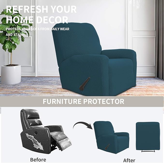 Easy-Going Recliner Stretch Sofa Slipcover Sofa Cover 4-Pieces Furniture Protector Couch Soft with Elastic Bottom Kids, Spandex Jacquard Fabric Small Checks(Recliner,Deep Teal)