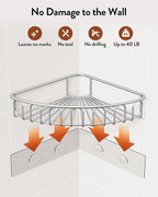 Orimade Corner Shower Caddy Stainless Steel with Hooks Wall Mounted Bathroom Shelf Storage Organizer Adhesive No Drilling 2 Pack, Silver Only for 90-Degree Corner