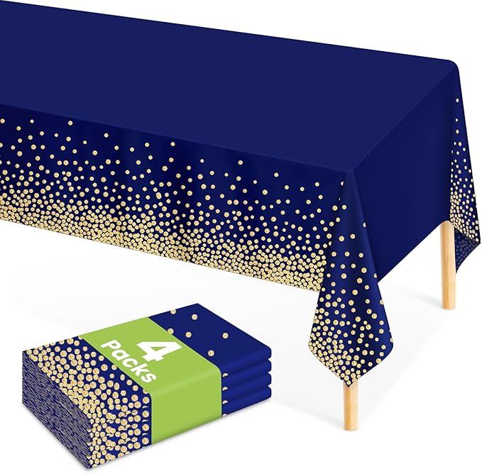 4 Pcs Navy Blue Plastic Tablecloth Gold Dot Blue Table Cloths, 54×108 inches Disposable Gold Dot Confetti Dark Blue Table Cover for Anniversary Friendsgiving Fine Dining Graduation Party Decoration…
