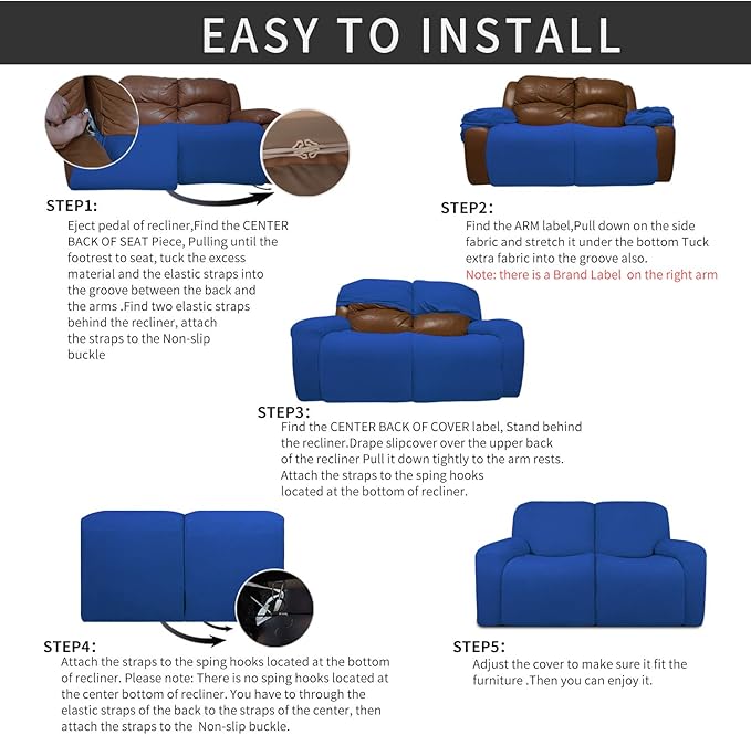 Easy-Going 6 Pieces Recliner Loveseat Stretch Sofa Slipcover Sofa Cover Furniture Protector Couch Soft with Elastic Bottom Kids, Spandex Jacquard Fabric Small Checks Classic Blue
