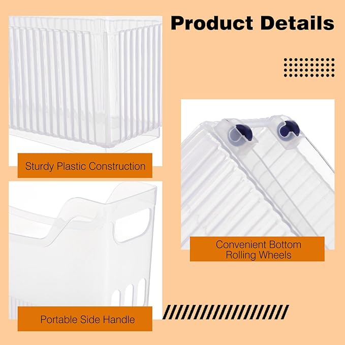 OMISTAR 3 Pcs Clear Plastic Pantry Storage Organizer Bins, 13.4 x 9.8 x 3.5 in Rolling Storage Baskets with Wheels and Handles, Stackable Freezer Organizer Bins for Kitchen, Office