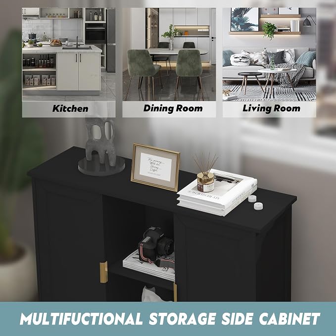 TaoHFE Black Buffet Cabinet, Modern Narrow Sideboard Buffet Cabinet Wooden Side