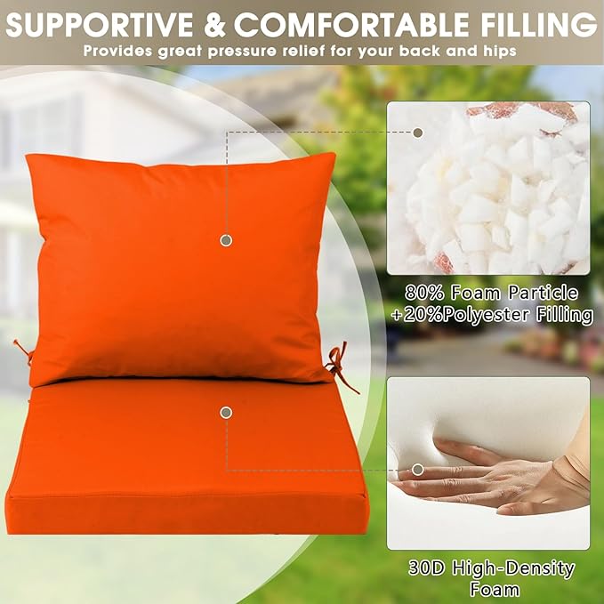 Outdoor Seat Cushion Set 22 x 22 In, Water-Resistant & Fade-Resistan, Patio Furniture Cushions with Removable Cover Deep Seat & Back Cushion with Handle and Adjustable Straps for Chair Sofa,2PC