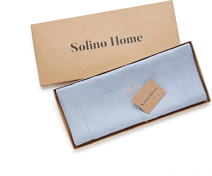 Solino Home Linen Sky Blue Table Runner 156 Inches Long - 100% Pure Linen Extra Long Table Runner 14 x 156 Inch for Christmas, New Year - Classic Hemstitch