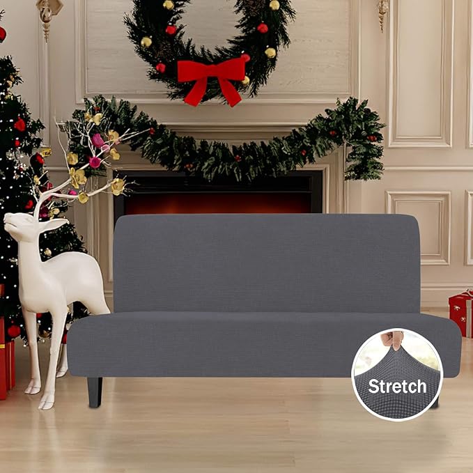 Easy-Going Stretch Futon Slipcover Armless Futon Bed Cover Furniture Protector Without Armrests with Elastic Bottom for Kids, Soft Jacquard Fabric Small Checks (Large, Grey)