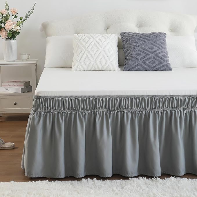 RIMELA Gray King Size Bed Skirt 25 Inch Drop, Elastic Bed Skirts Cal King Dust Ruffle, Light Grey Bedskirt for Adjustable Bed Base Solid Fade Resistant Silky Fabric Machine Washable Easy to Install