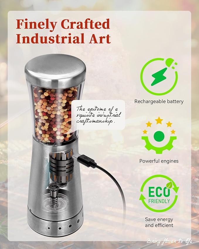 Electric Salt and Pepper Grinder Set with Storage Base, Stainless Steel Rechargeable Salt and Pepper Grinder Set with 4.5 oz Large Capacity, 1.8" Wide Mouth, Adjustable Coarseness, Ideal for Kitchen