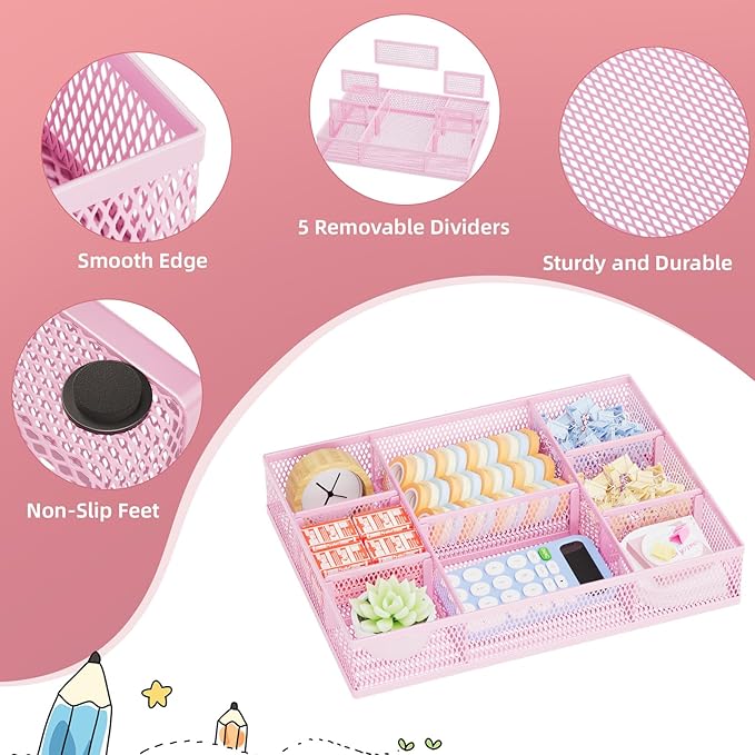 Marbrasse 2 Pack Desk Drawer Organizer, Mesh Drawer Organizer Tray with 8 Adjustable Compartments, Desk Organizers and Accessories, 5 Dividers Drawer for Office Supplies, Makeup & Vanity (Pink)