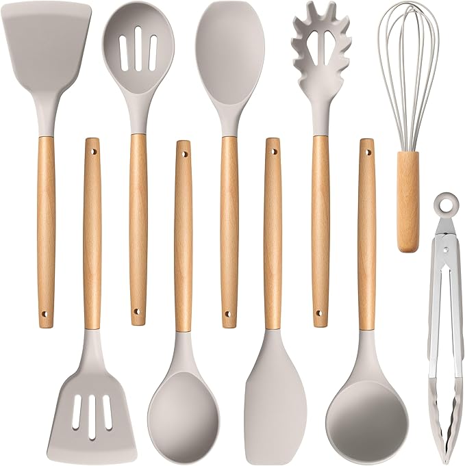 E-far Silicone Cooking Utensils Set, 10-Piece Heat Resistant Kitchen Utensils Set with Wooden Handle for Nonstick Cookware, Kitchen Nonstick Tools Spatula Whisk Tongs Ladle, Non-toxic & Healthy(Khaki)