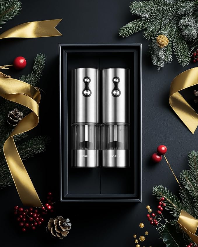FORLIM Rechargeable Electric Salt and Pepper Grinder Set, Dual-Speed Control, Stainless Steel Automatic Salt & Pepper Mill with Dust Cover, 2 LED Lights, Adjustable Coarseness (2-Pack, Glossy Silver)