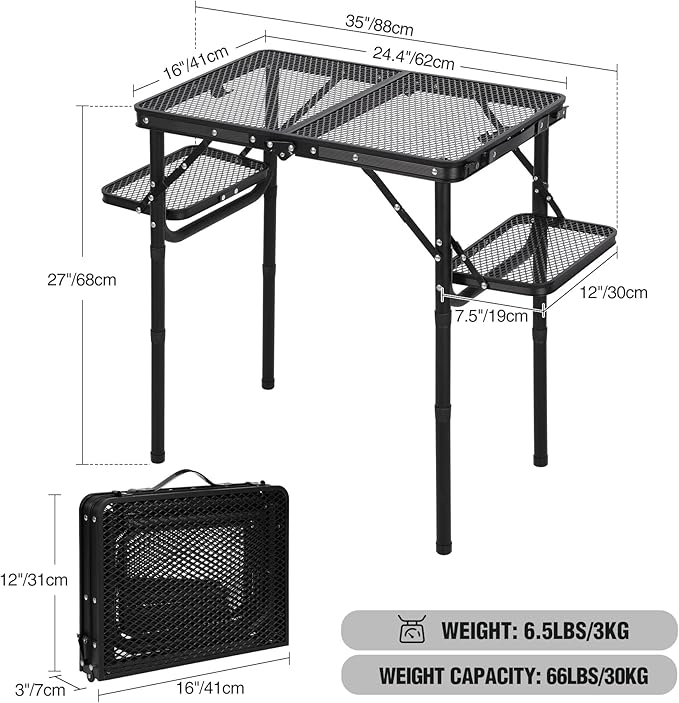 REDCAMP 35x16 Folding Grill Table for Outside with 2 Side Tables, 4 Adjustable Heights Portable Small Stand Table for Outdoor Indoor Camping Picnic BBQ