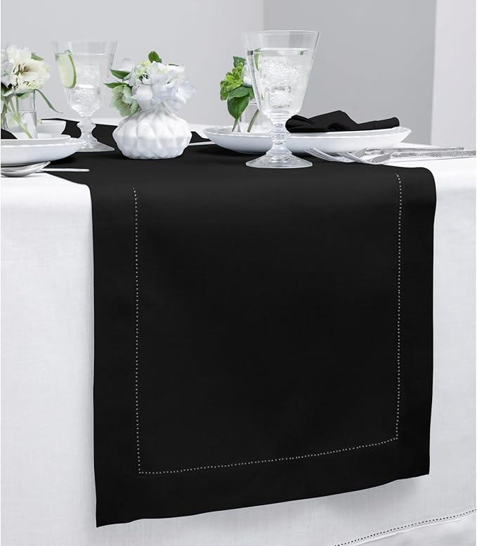Solino Home Linen Black Table Runner 144 Inches Long - 100% Pure Linen Extra Long Table Runner 14 x 144 Inch for Holiday, Christmas, New Year - Classic Hemstitch