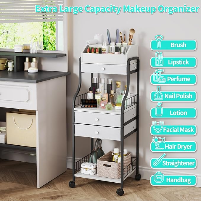 HapiRm Floor Makeup Organizer Storage - Vanity Skincare Make Up Organizers and Storage with Drawers, Cosmetics Display Cases Holder for Skin Care Nail Polish Perfume Makeup Brush