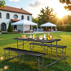 VINGLI Folding Picnic Table and Bench Set, Portable Outdoor Dining Furniture for Camping, Patio, Backyard, Wood Grain Plastic Top with Metal Frame with Kaqi Umbrella