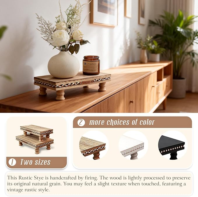 Wood Tray Pedestal Stand, Bathroom Counter Organizer, Modern Farmhouse Riser for Soap/Candle/Sponge Rustic Small
