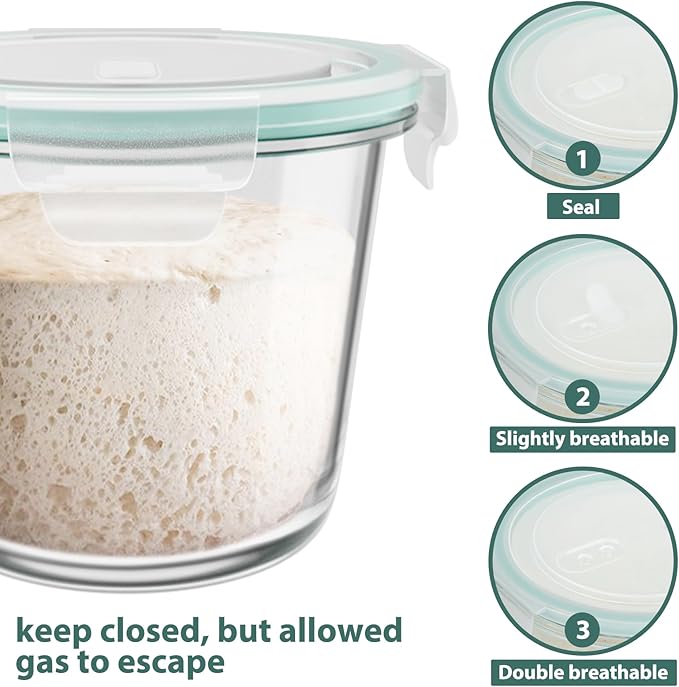 3 Cup Glass Meal Prep Containers With Turquoise Lids, Airtight 23oz glass Storage Container Set, Heat-Resistant BPA-Free for feeding the Southern Starter, Microwave, Dishwasher, Freezer Safe (4 Packs)