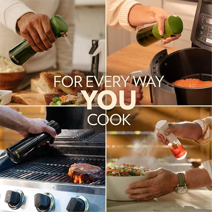 FLAIROSOL OLIVIA SIGNATURE Advanced Kitchen Oil Sprayer Technology, Fine Mist & Portion Control, Refillable Glass Cooking Spray Bottle, Anti-Drip & Leakproof, Air Fryer, Salad, BBQ, 200ml(Black)