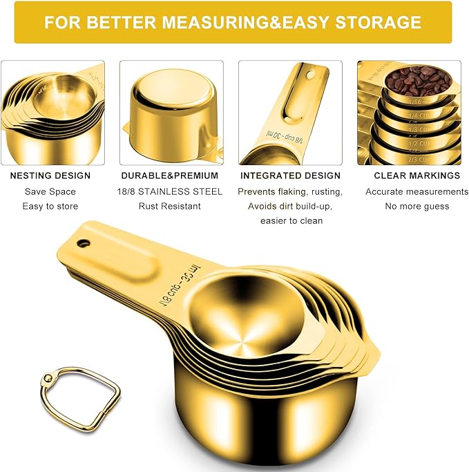 Gold Measuring Cups and Spoons Set of 15, 18/8 Stainless Steel, Includes 7 Nesting Metal Measuring Cups,8 Magnetic Measuring Spoons set - Ideal Kitchen Gadgets for Cooking and Baking Needs