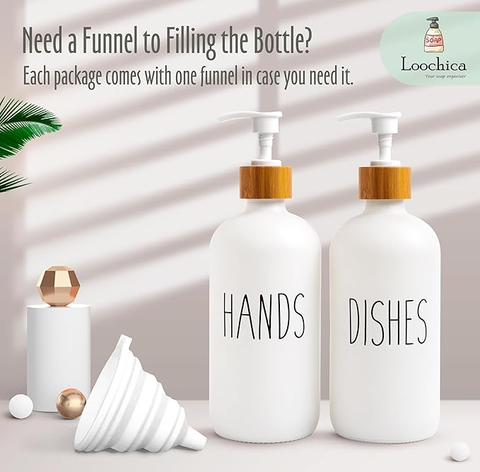 LOOCHICA 2 Pack White Glass Soap Dispenser Set for Kitchen Sink, Hand and Dish Soap, Matte White Finish, Rustic Decor
