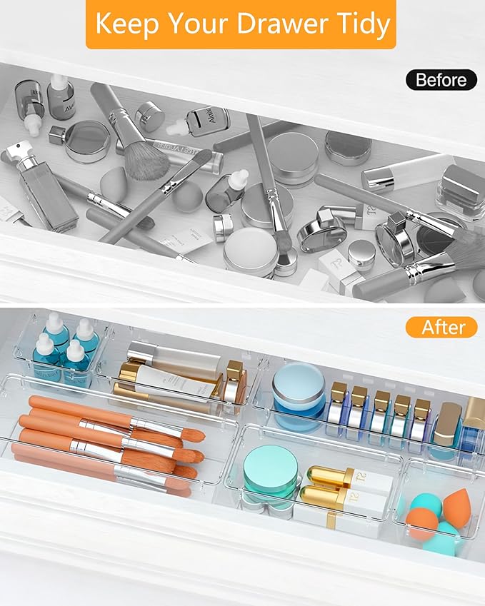 25 Pcs Makeup Drawer Organizer Set, 4 Sizes Versatile Bathroom and Vanity Drawer Organizer for Makeup, Non-Slip Desk Organizer Trays for Bedroom, Office, Fits Jewelry and Office Supplies