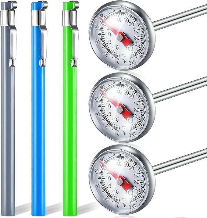 Xuhal 3 Pcs Stainless Steel Kitchen Thermometer with 5 Inch Long Stem 1 Inch Dial Thermometer Milk Frothing Food for Oven Probe Meat Grill BBQ Cooking Chocolate Water (Gray,Green,Blue)