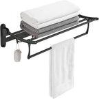 BESy 24 Inch Matte Black Towel Racks, Bathroom Towel Shelf with Foldable Towel Bar Holder and Towel Hooks, Wall Mounted Multifunctional Bathroom Accessories, Double Towel Bars