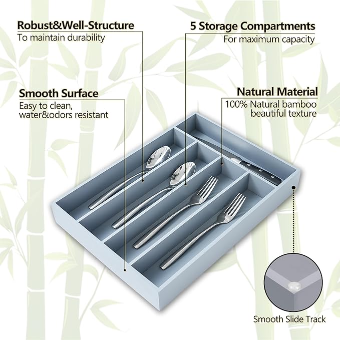 Silverware Organizer, 2 Pack 10 Inch Utensil Organizer Kitchen Drawer Organizer Bamboo Silverware Holder Cutlery Tray Organizer in Drawer Flatware Organizer Tray(5 slots, Gray）