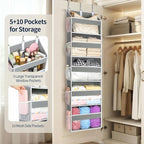 Yecaye Over the Door Organizer 5 Tiers, Heavy Duty Hanging Storage with 5 Large Clear PVC Pockets and 10 Side Pockets, 56lbs Capacity for Closet Door Bathroom Bedroom Nursery Dorm Laundry Room, Grey