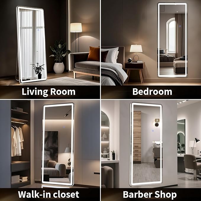 71"x26" LED Full Length Mirror – Standing Floor Mirror with Dimmable Lights 3 Color Modes – Adjustable Brightness, Wall-Mount or Lean for Barber, Fitness Center, Dressing Room, Vanity