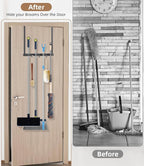Broom Holder Over The Door-304 Stainless Steel Mop and Broom Holder Wall Mounted or Hanging Over The Door with Hooks - Broom Hanger, Tool Organizer for Garage Closet Laundry Kitchen-Space grey